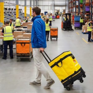 127L Rolling Parcel Sorting Bag with Telescopic Handle, Four Swivel Casters and Mesh Side Pocket for Warehouse Transfer and Logistics Handling