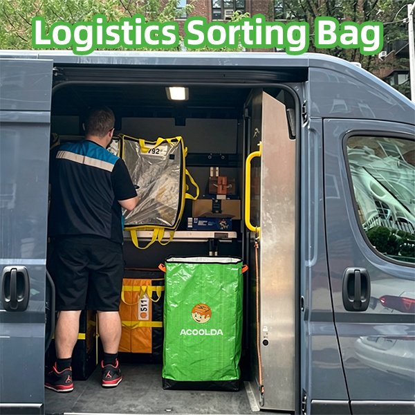 Tall Green Open-Top Logistics Sorting Bag with Reinforced Base, Side Pull Handles and High-Capacity Storage for Courier Vans, Warehouse Transfer and Route Staging